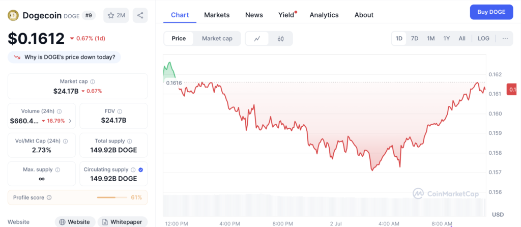 نمودار قیمت و اطلاعات بازار دوج کوین - منبع: CoinMarketCap